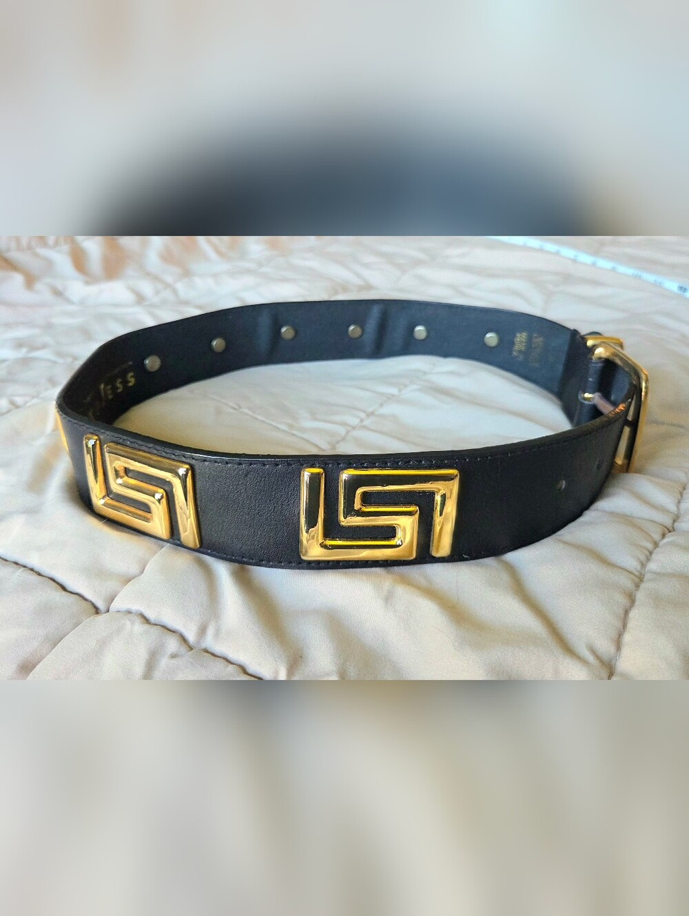 Vtg Y2K Express Compagnie Internationale Genuine Leather Greek Key Belt Black - Picture 3 of 16